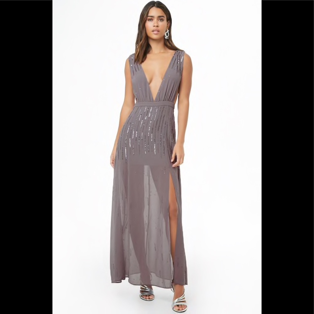 Plunging Sequin Beaded Maxi Dress